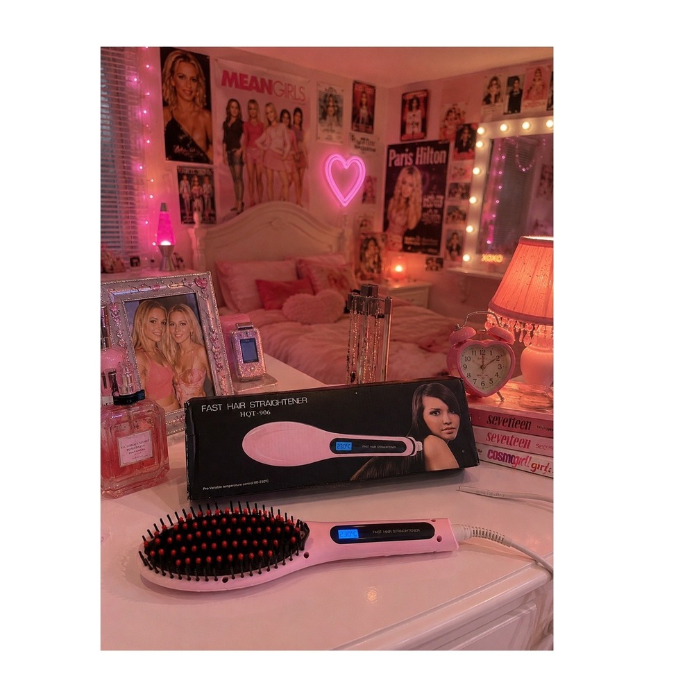Vintage Fast Hair Straightener HQT-906 Pink Y2K Heated Brush Working